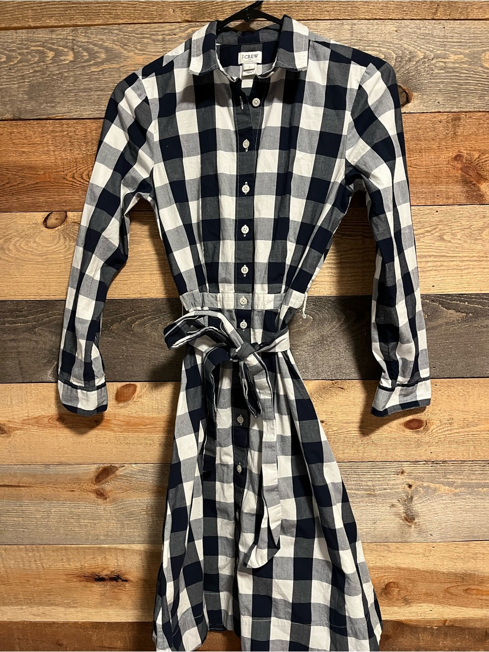 J. Crew Navy and White Gingham Shirt Dress with Tie Waist
